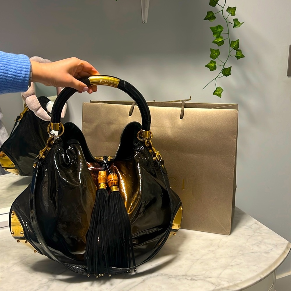 GUCCI, Brown pattered Leather Large Indy Top Handle Bag with bamboo details